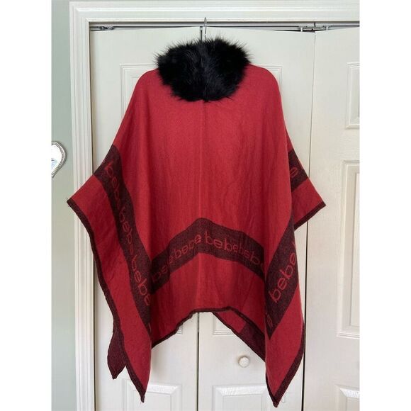 Bebe Red and Black Cape with Faux Fur Collar - Picture 4 of 4